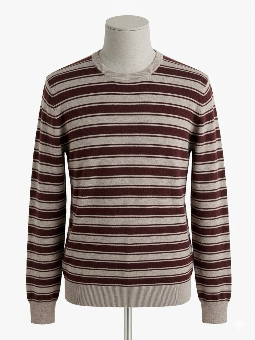 J. Crew Men's Maroon and Beige Striped Crewneck Sweater, Size S